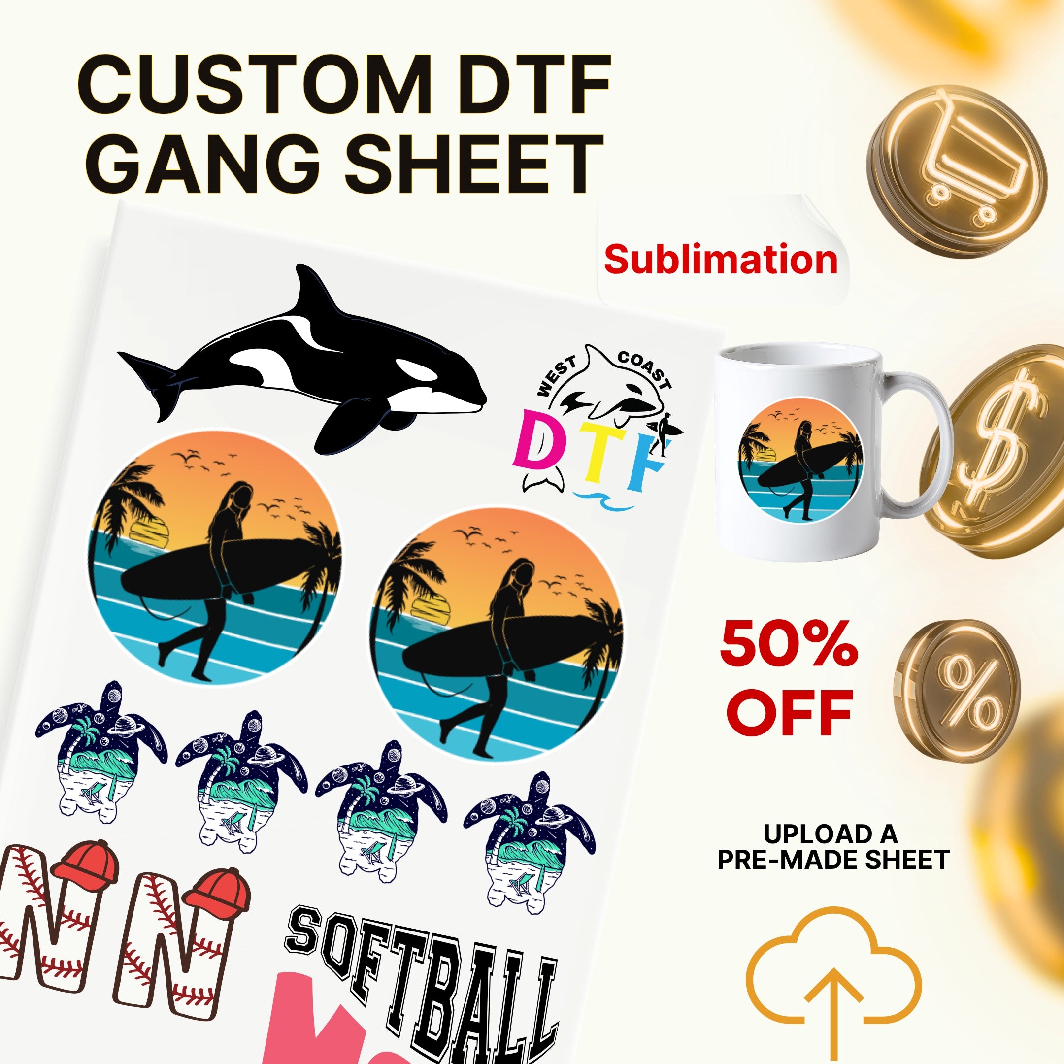 Custom Sublimation Gang Sheet 70" Wide | Upload Your Design | Full Color Transfer